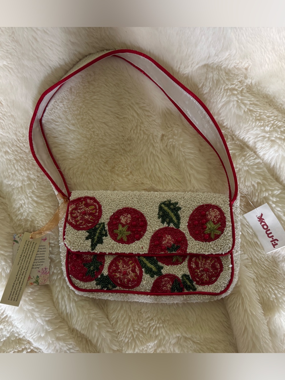 Beaded Tomato Motif Shoulder Bag - Red / White
